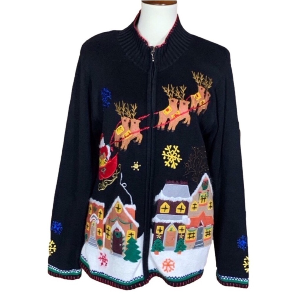 Vintage Arriviste Christmas cardigan sweater with Santa and Reindeer Size Large
